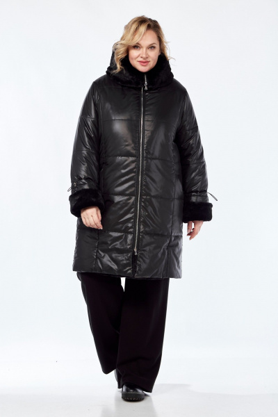 Черное демисезонное пальто с капюшоном и рельефными швами Диомант 2040 черный - фото 1