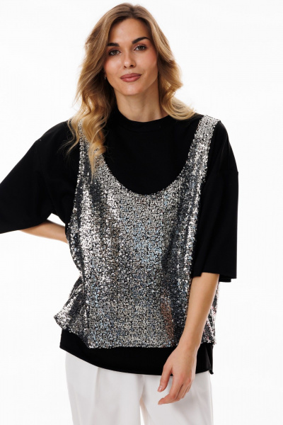 Белый и серый блузон oversize с пайетками на тянущейся основе Ларс Стиль 1054 - фото 3