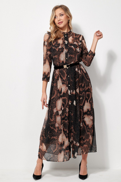 Платье нарядное макси из шифона с ремешком AMUARt 1036 черное-бежевый - фото 8