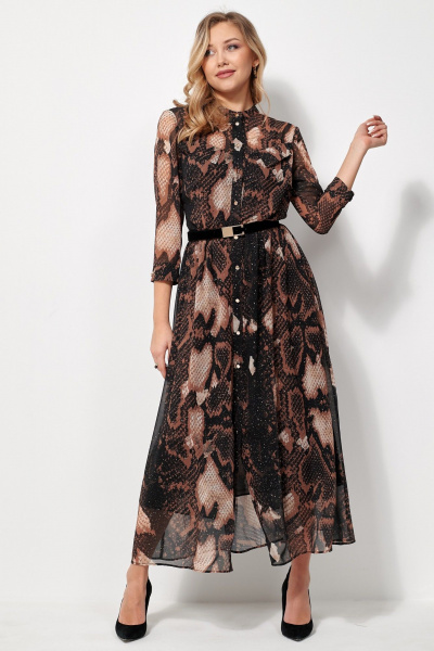Платье нарядное макси из шифона с ремешком AMUARt 1036 черное-бежевый - фото 7