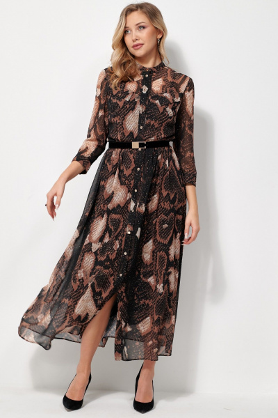 Платье нарядное макси из шифона с ремешком AMUARt 1036 черное-бежевый - фото 6