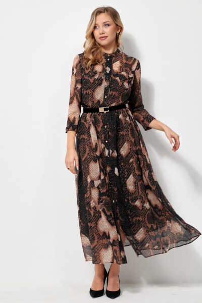 Платье нарядное макси из шифона с ремешком AMUARt 1036 черное-бежевый - фото 5