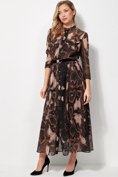 Платье нарядное макси из шифона с ремешком AMUARt 1036 черное-бежевый - фото 3