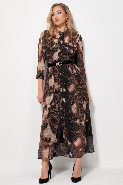 Платье нарядное макси из шифона с ремешком AMUARt 1036 черное-бежевый - фото 1