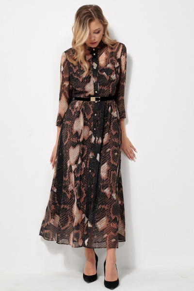 Платье нарядное макси из шифона с ремешком AMUARt 1036 черное-бежевый - фото 2