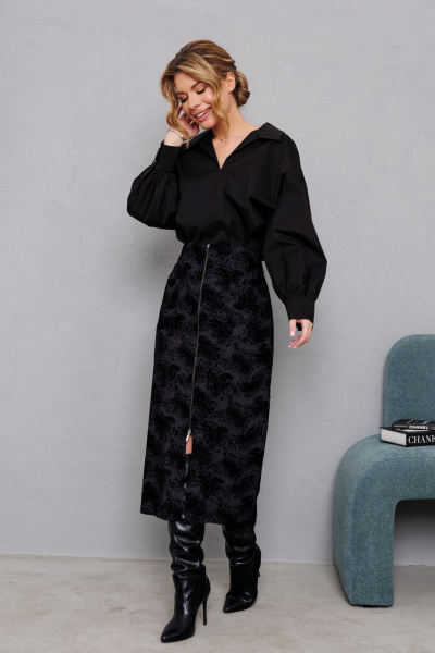 Черная юбка с фактурным рисунком и молнией спереди AMORI 3134 чёрный - фото 2