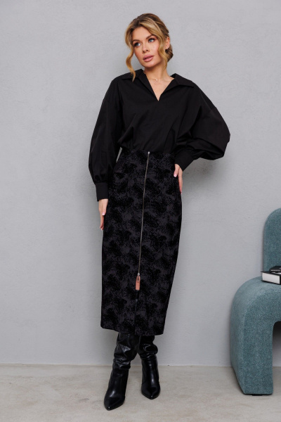 Блуза хлопковая с рукавами и вырезом на груди AMORI 6464 чёрный - фото 2