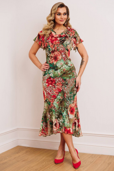 Платье из шифона и текстиля с съемным жакетом и декоративным цветком Мода Юрс 2823 олива - фото 6