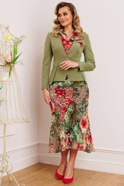 Платье из шифона и текстиля с съемным жакетом и декоративным цветком Мода Юрс 2823 олива - фото 3