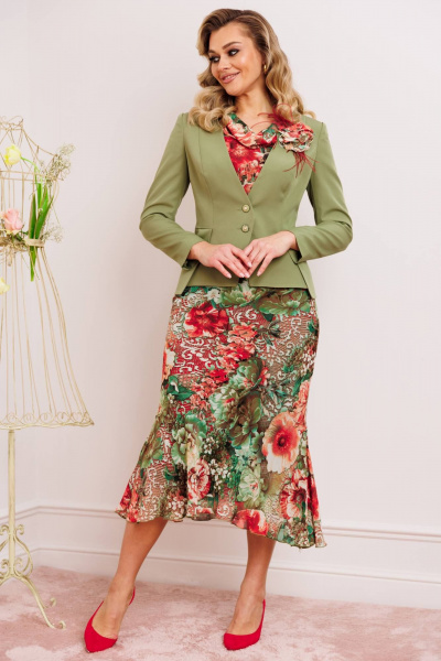 Платье из шифона и текстиля с съемным жакетом и декоративным цветком Мода Юрс 2823 олива - фото 1