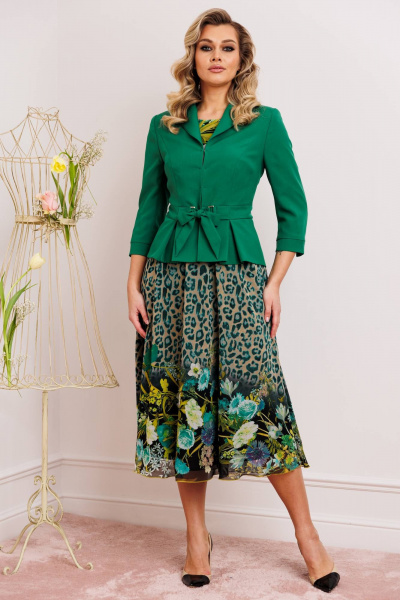 Демисезонный женский комплект жакет и платье с принтами Мода Юрс 2513 зеленый - фото 1