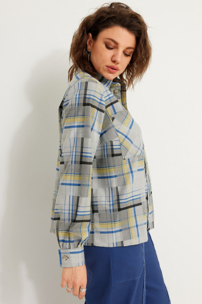 Клетчатая прямая блуза из текстиля для офиса и повседневных образов BegiModa 4118 синий неон - фото 6