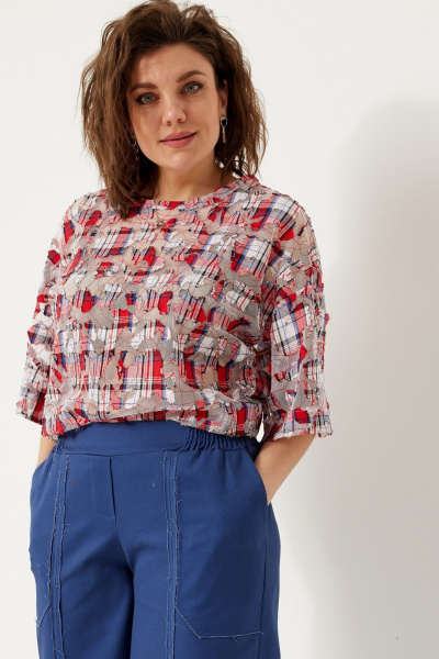 Свободная сетчатая блуза из хлопка для летних и многослойных образов BegiModa 4119 красная клетка - фото 1