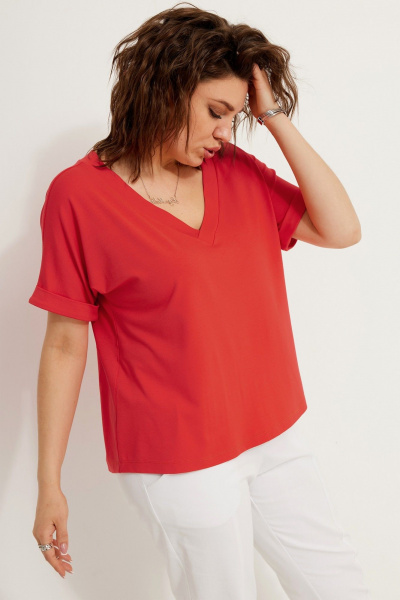 Полуприлегающая трикотажная блуза с коротким рукавом для стильных лугов BegiModa 4120 коралл - фото 6