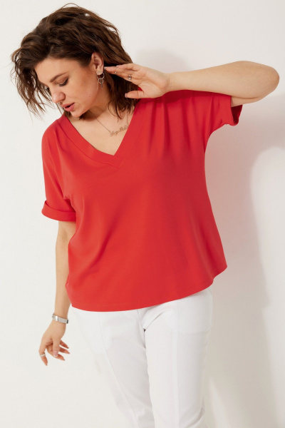 Полуприлегающая трикотажная блуза с коротким рукавом для стильных лугов BegiModa 4120 коралл - фото 5