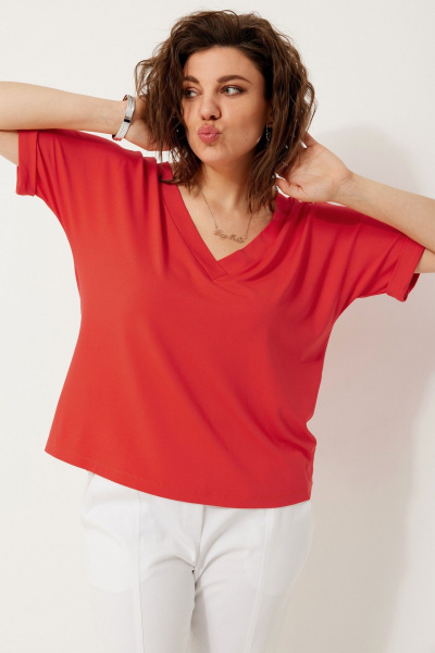 Полуприлегающая трикотажная блуза с коротким рукавом для стильных лугов BegiModa 4120 коралл - фото 4