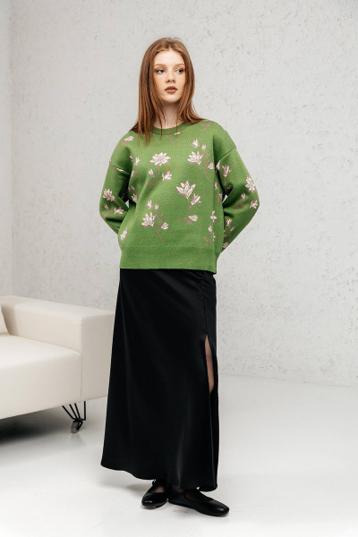 Джемпер трикотажный с жаккардовым цветочным узором Romgil РВ0141-ХМ5 зеленая_оливка - фото 2