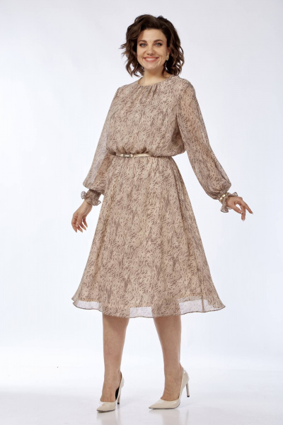 Платье миди с принтом из шифона и текстиля на каждый день Ольга Стиль С-796 бежевый - фото 6