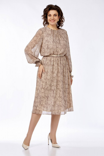 Платье миди с принтом из шифона и текстиля на каждый день Ольга Стиль С-796 бежевый - фото 4