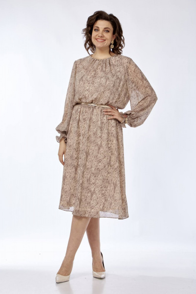 Платье миди с принтом из шифона и текстиля на каждый день Ольга Стиль С-796 бежевый - фото 3