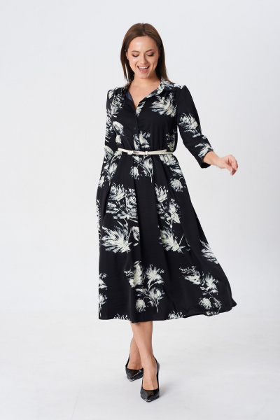 Демисезонное свободное платье из вискозы с поясом TVIN 7782 принт_на_черном - фото 4