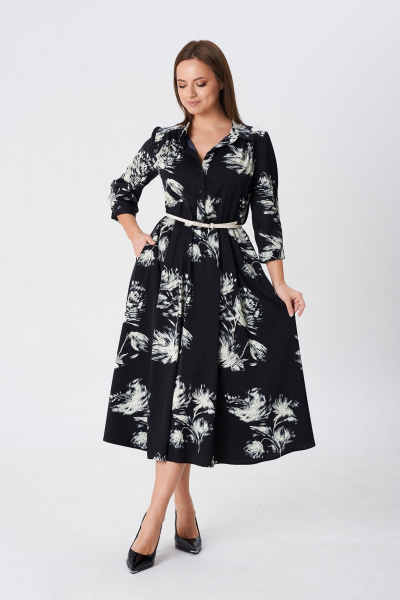 Демисезонное свободное платье из вискозы с поясом TVIN 7782 принт_на_черном - фото 3