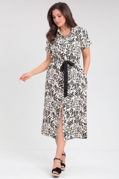 Платье летнее с длинным рукавом и карманами LeNata 16411 черно-молочный - фото 5