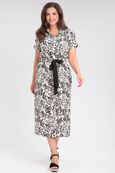 Платье летнее с длинным рукавом и карманами LeNata 16411 черно-молочный - фото 1