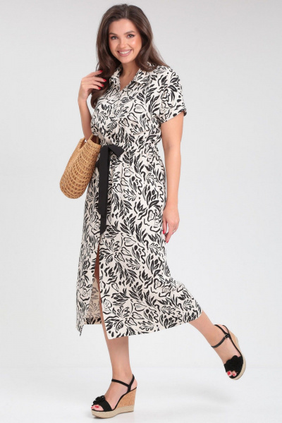 Платье летнее с длинным рукавом и карманами LeNata 16411 черно-молочный - фото 4