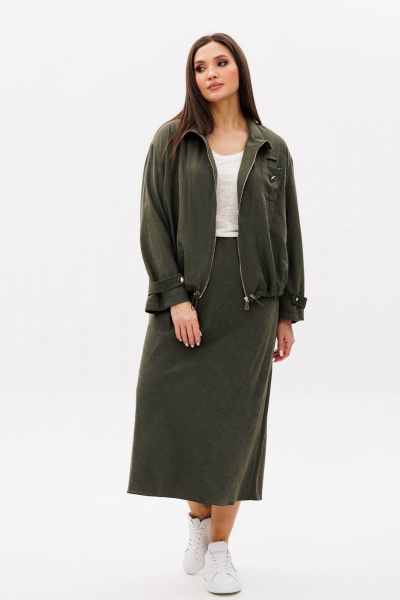 Костюм куртка и юбка на каждый день из бархатистого полотна Fantazia Mod 5079 хаки - фото 2
