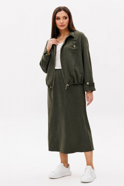 Костюм куртка и юбка на каждый день из бархатистого полотна Fantazia Mod 5079 хаки - фото 1