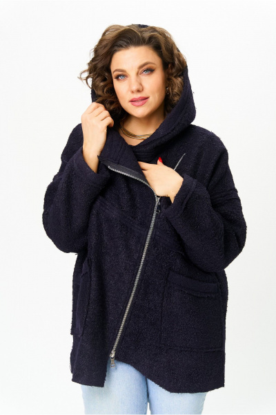 Полупальто свободного кроя с капюшоном и асимметричной застежкой Michel chic 360/1 темно-синий - фото 2