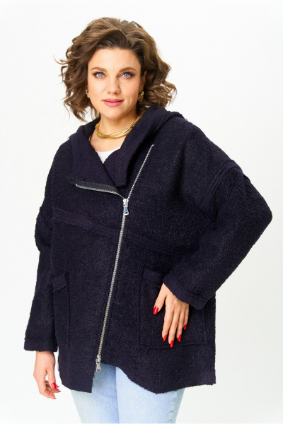 Полупальто свободного кроя с капюшоном и асимметричной застежкой Michel chic 360/1 темно-синий - фото 1