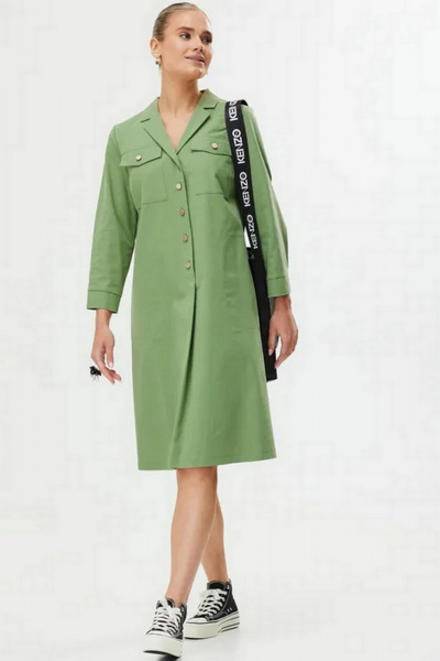 Демисезонное платье трапеции из текстиля с декоративным поясом Твой имидж 1561 олива - фото 3