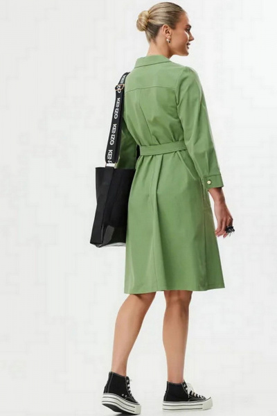 Демисезонное платье трапеции из текстиля с декоративным поясом Твой имидж 1561 олива - фото 2