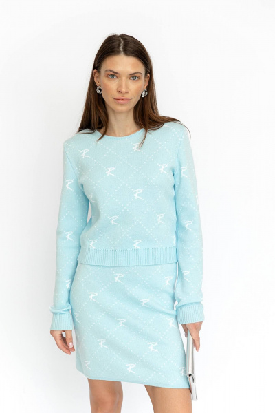 Джемпер и юбка из хлопкового трикотажа с ридзинкой Romgil РВ0019-ХЛ2 бледно-голубой, белый - фото 1