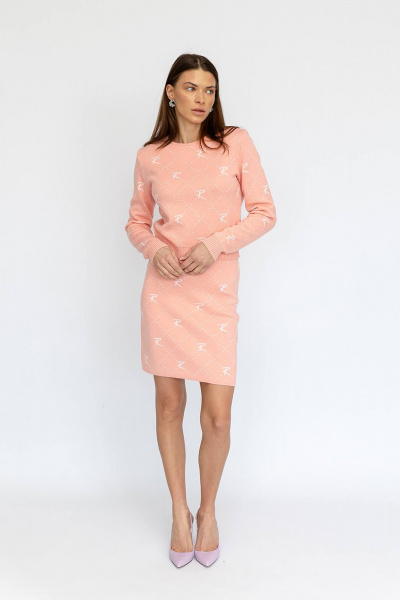 Мягкий костюм из хлопкового вязаного трикотажа Romgil РВ0019-ХЛ2 розовый персик, белый - фото 1