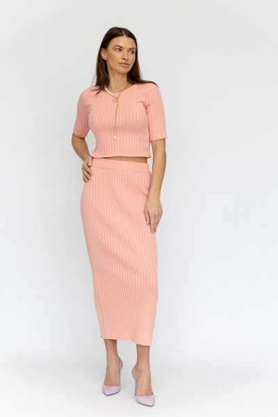 Костюм из хлопкового трикотажа и юбкой с высоким поясом Romgil РВ0028-ХЛ2 розовый персик - фото 5