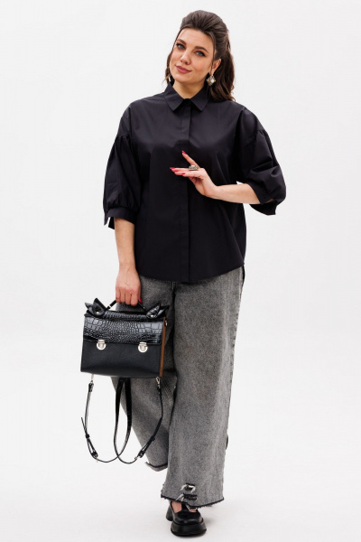 Черная деловая блуза из хлопка с комфортным кроем Anelli 1414 тень_стиля - фото 10