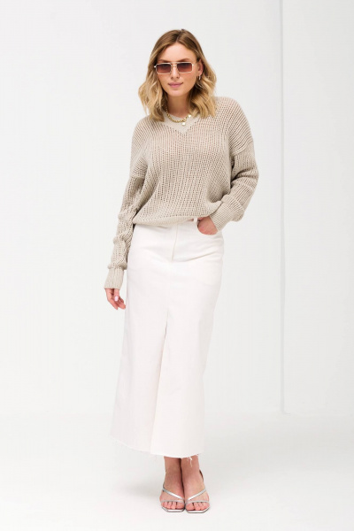 Бежевый оверсайз джемпер из хлопка с льняным переплетением Romgil 719ЛТЗ светло-бежевый - фото 5