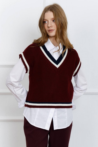 Жилет женский вязаный из шерсти и акрила Romgil 905ШТЗ бордовый,молочный,темно-синий - фото 6