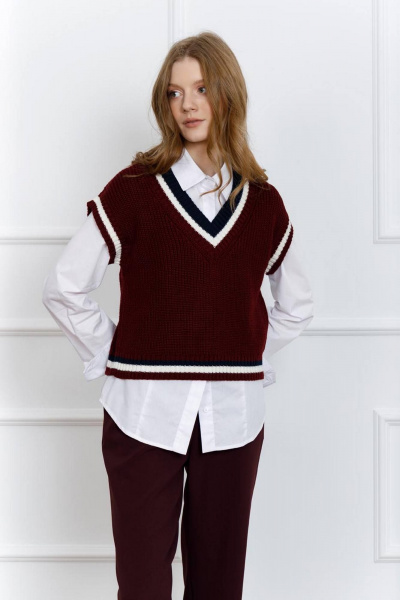 Жилет женский вязаный из шерсти и акрила Romgil 905ШТЗ бордовый,молочный,темно-синий - фото 5