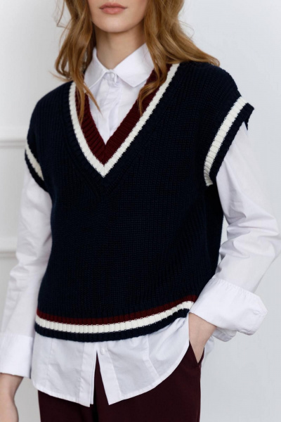 Жилет женский вязаный из шерсти и акрила Romgil 905ШТЗ  темно-синий,молочный,красновато-бордовый - фото 3