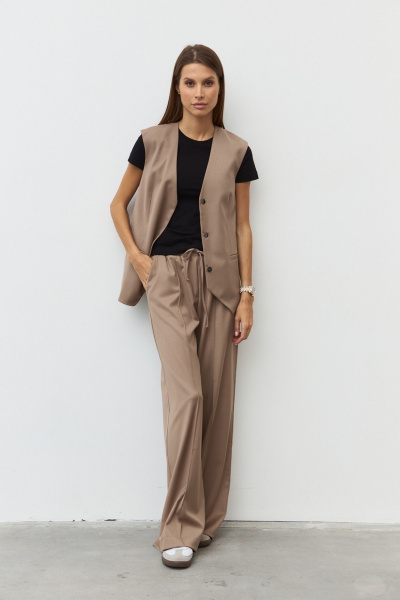 Брюки широкие из костюмной ткани с эластичным поясом Luitui R2019 бежевый - фото 1