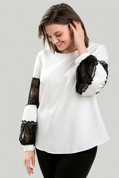 Романтичная блузка свободного силуэта из текстиля и кружева Таир-Гранд 62370 молочный - фото 7