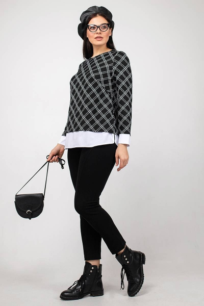 Джемпер клеточный с нагрудными вытачками и коротким рукавом La rouge 3162 черно-белый-(клетка) - фото 3