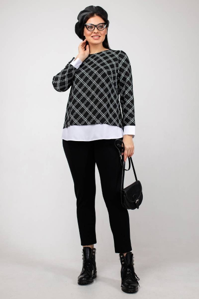 Джемпер клеточный с нагрудными вытачками и коротким рукавом La rouge 3162 черно-белый-(клетка) - фото 2