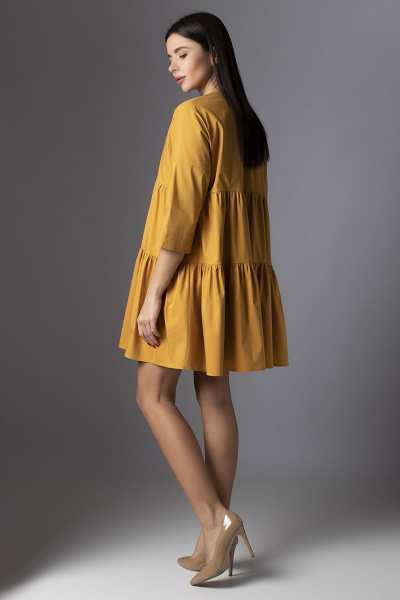 Платье свободного силуэта из хлопка с V-образным вырезом VIZAVI 636 горчица - фото 2