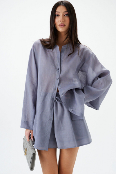 Рубашка из натурального полотна голубого цвета с объемными рукавами ANNETE A2087/2 - фото 1