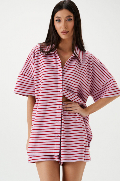 Розовый трикотажный комплект из шорт и свободной рубашки ANNETE A4196 - фото 3